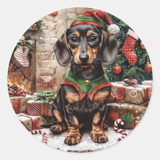 Adesivo Redondo Natal Dachshund Dogs Elf (Frente)