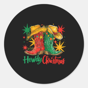 Adesivo Redondo Natal de Cowgirl Ocidental Howdy de Botas e Chapéu