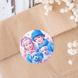 Adesivo Redondo Natal de Crianças Antigas com Cachorrinhos Azuis e