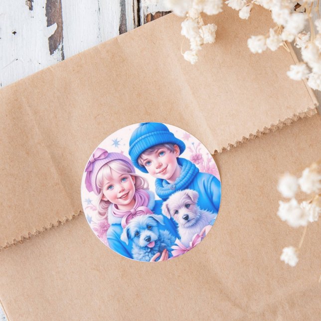Adesivo Redondo Natal de Crianças Antigas com Cachorrinhos Azuis e (Criador carregado)