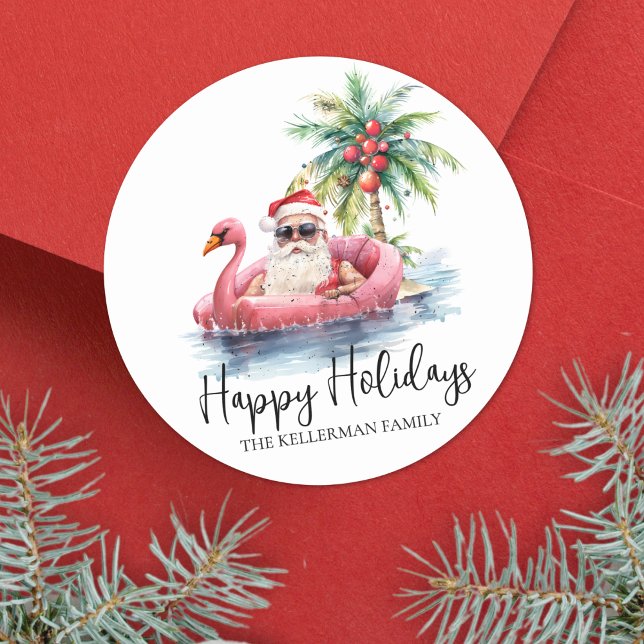 Adesivo Redondo Natal de Feliz Natal de Praia Tropical de papais n (Santa Tropical Beach Happy Holidays Christmas Classic Round Sticker)