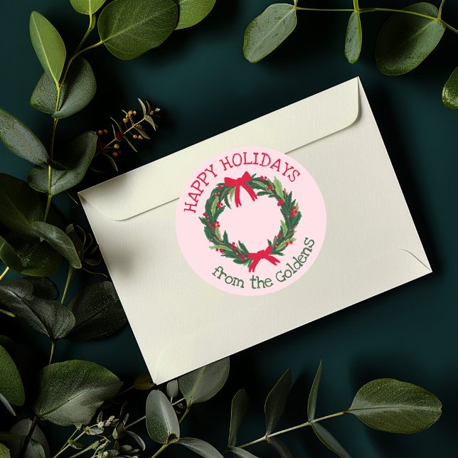 Adesivo Redondo Natal de Feriado PERSONALIZADO de Feriado de Terra (Hand Drawn Wreath CUSTOM Holiday Christmas Classic Round Sticker
)