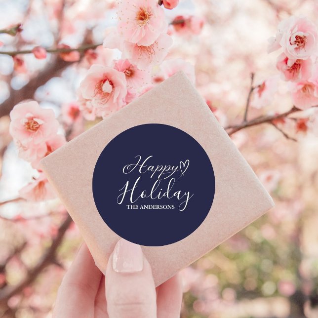 Adesivo Redondo Natal de Férias Azuis da Caligrafia Elegante (Criador carregado)