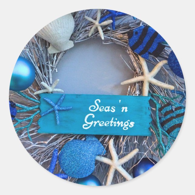 Adesivo Redondo Natal de Férias de Seashell nas Costas Tropicais (Frente)