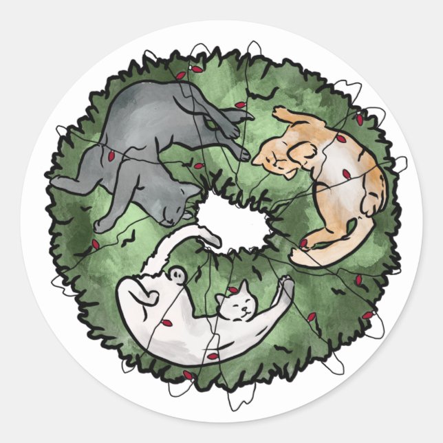 Adesivo Redondo Natal de Gato Vermelho e Verde (Frente)