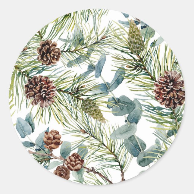 Adesivo Redondo Natal de padrão de pinheiro e pinhas em aquarela (Frente)