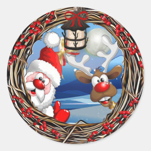 Adesivo Redondo Natal de Papai Noel e de rena