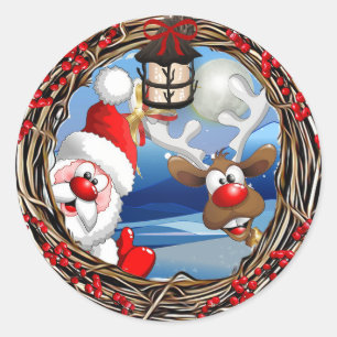 Adesivo Redondo Natal de Papai Noel e de rena
