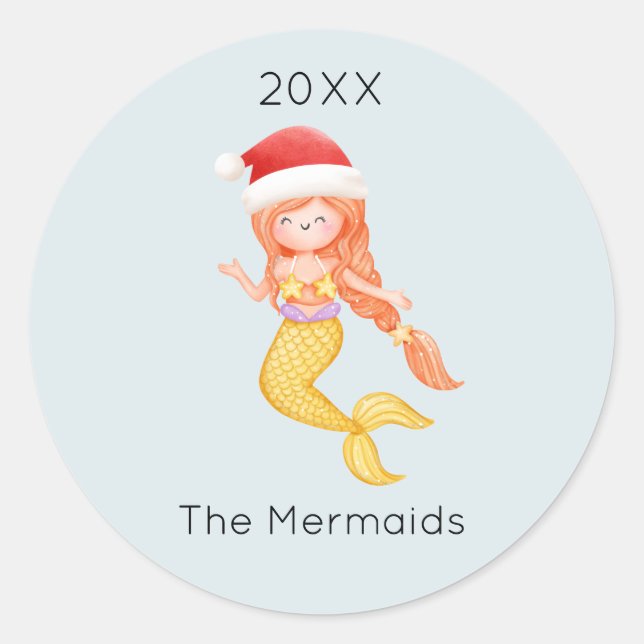 Adesivo Redondo Natal de Papais noeis de Sereia de Aquarela (Frente)