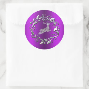 Adesivo Redondo Natal de prata do roxo da rena e da grinalda