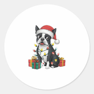 Adesivo Redondo Natal de Santa Hat Boston Terrier Dog de Xmas Ligh