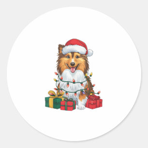 Adesivo Redondo Natal de Santa Hat Sheltie no Xmas Lighting