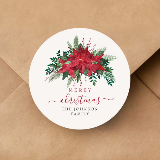 Adesivo Redondo Natal de Script Floral do Elegante Red Poinsettia (Elegant Red Poinsettia Floral Script Christmas Classic Round Sticker)