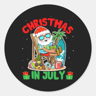 Adesivo Redondo Natal de Verão em Julho - Papai Noel Tropical Surf