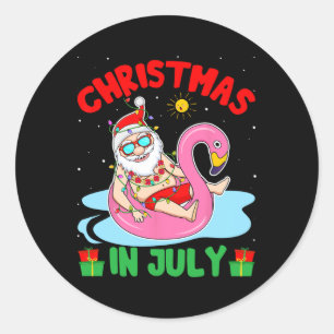 Adesivo Redondo Natal de Verão em Julho - Papai Noel Tropical Surf