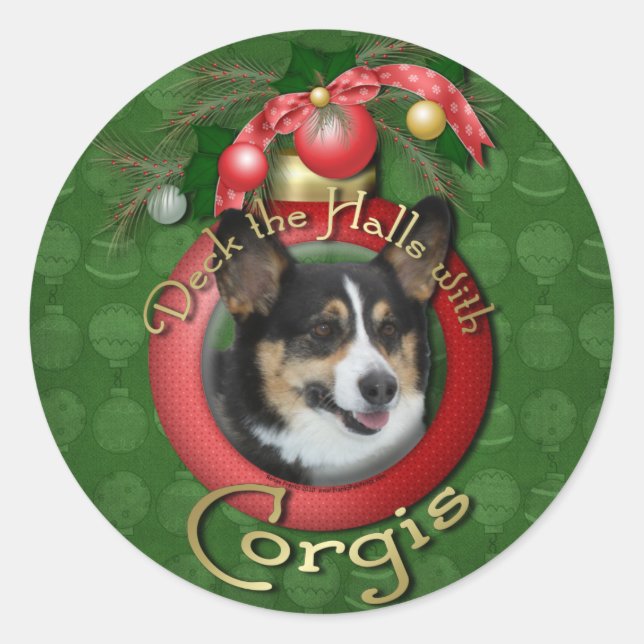 Adesivo Redondo Natal - Deck the Halls - Corgis (Frente)