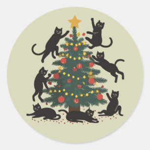Adesivo Redondo Natal Divertido Amante de Gato Feliz Ano do Gato 