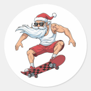 Adesivo Redondo Natal divertido de skate do Papai Noel