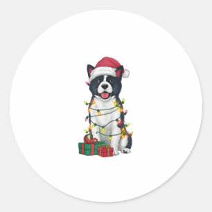 Adesivo Redondo Natal do Cachorro Akita Americano de Santa Hat Lig
