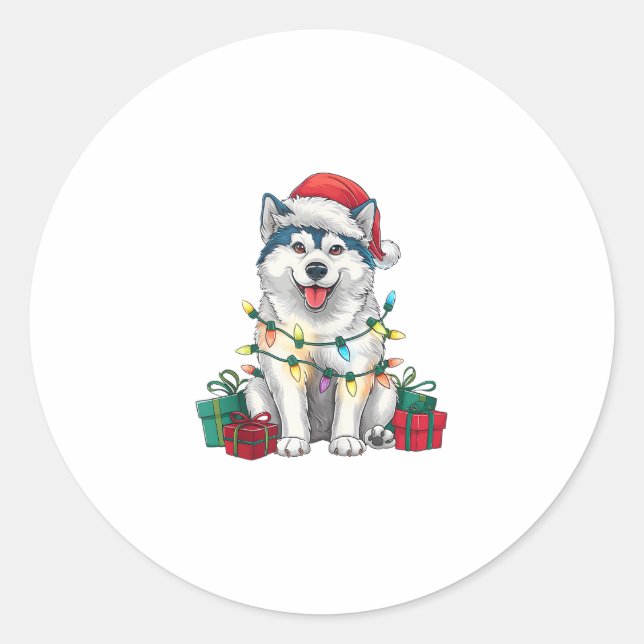 Adesivo Redondo Natal do Cachorro Malamute Santa Hat (Frente)