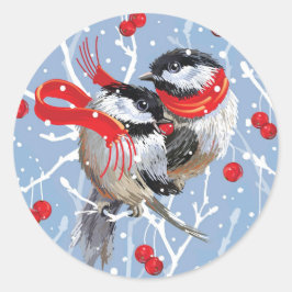Adesivo Redondo Natal do Cuddling Chickadees