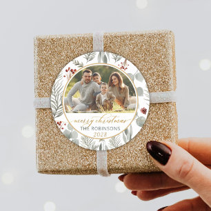 Adesivo Redondo Natal do Dourado Script de Folhagem de Aquarela