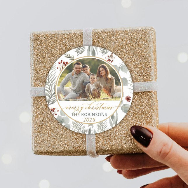 Adesivo Redondo Natal do Dourado Script de Folhagem de Aquarela (Criador carregado)