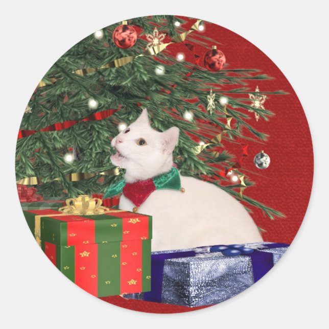 Adesivo Redondo Natal do gatinho branco (Frente)