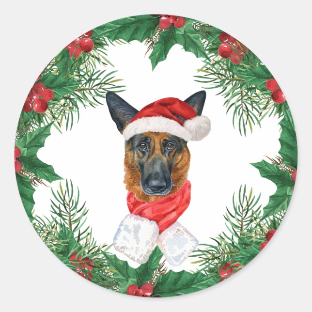 Adesivo Redondo Natal do german shepherd Dog Red Holiday (Frente)