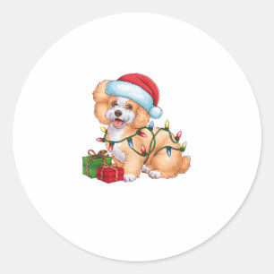 Adesivo Redondo Natal do Xmas Lighting Santa Hat Bichon Frise Dog