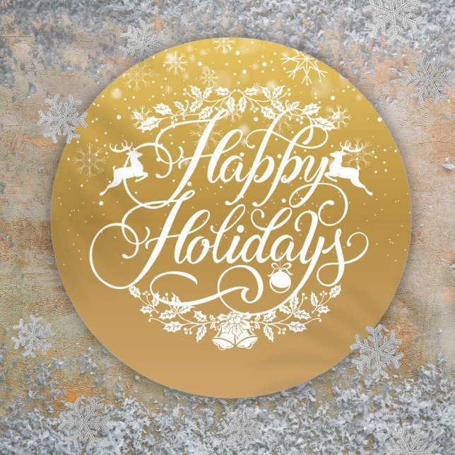 Adesivo Redondo Natal Dourado Feliz Feriados de Neve (Gold Happy Holidays Snowflakes Christmas Classic Round Sticker)