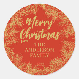 Adesivo Redondo Natal Elegante Dourado Vermelho Moderno Botânico