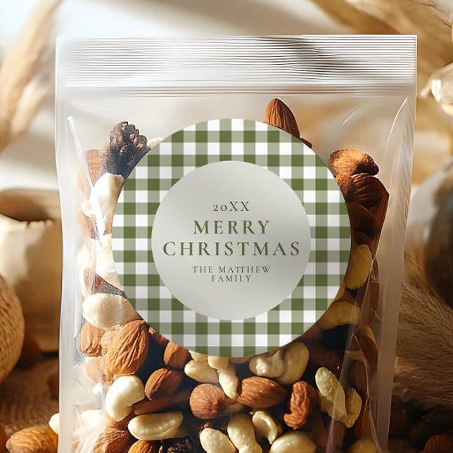 Adesivo Redondo Natal Elegante e Clássico de Gingham Verde (Criador carregado)