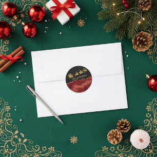 Adesivo Redondo Natal Elegante em Dourado e Vermelho - Trenó do Pa