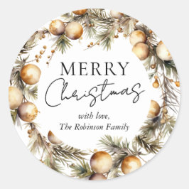 Adesivo Redondo Natal em Aquarela Elegante com Folhagem Dourada