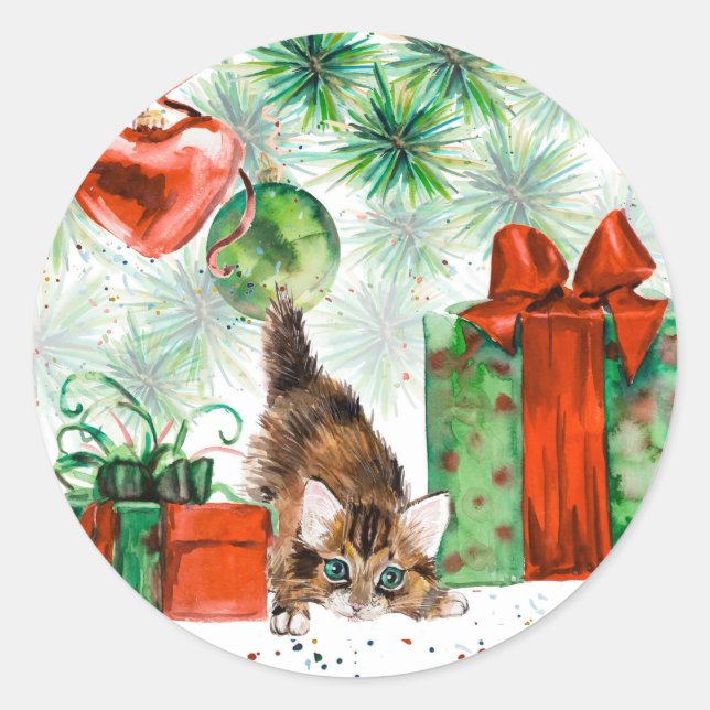 Adesivo Redondo Natal em aquarela - Kitten debaixo da árvore (Frente)