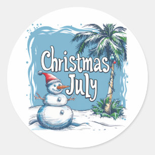 Adesivo Redondo Natal em Julho com Design de Boneco de Neve e Palm