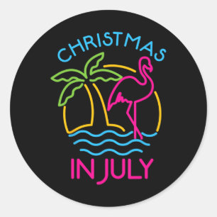 Adesivo Redondo Natal Em Julho Flamingo Rosa Chapéu De Papai Noel