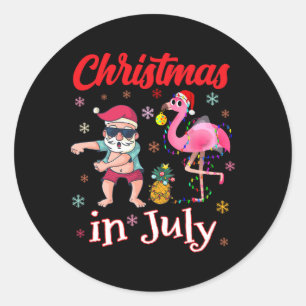 Adesivo Redondo Natal Em Julho Flamingo Rosa Engraçado Férias De V