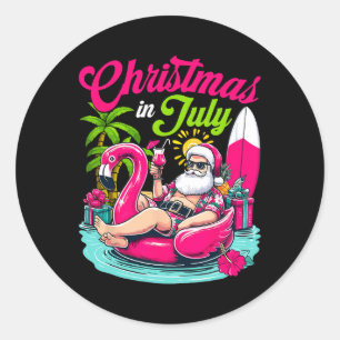 Adesivo Redondo Natal Em Julho Havaiano Papai Noel Praia Verão