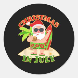 Adesivo Redondo Natal Em Julho Papai Noel Com Prancha De Surfe Ver