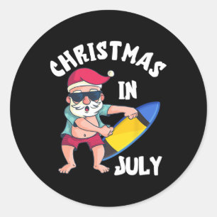 Adesivo Redondo Natal Em Julho Papai Noel Prancha De Surf Férias D