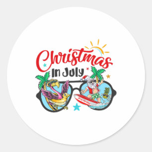 Adesivo Redondo Natal Em Julho Praia Flamingo Papai Noel Surfe Sol