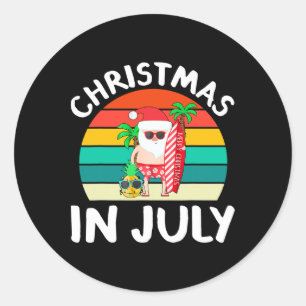 Adesivo Redondo Natal Em Julho Vintage Papai Noel Havaiano Surfand