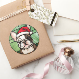 Adesivo Redondo Natal em Vidro Pintado Bulldog Francês