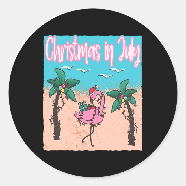 Adesivo Redondo Natal engraçado em julho Flamingo Praia Natal eu (Frente)