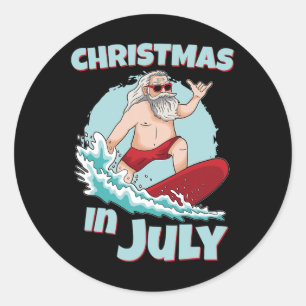 Adesivo Redondo Natal engraçado em julho verão Papai Noel surfando