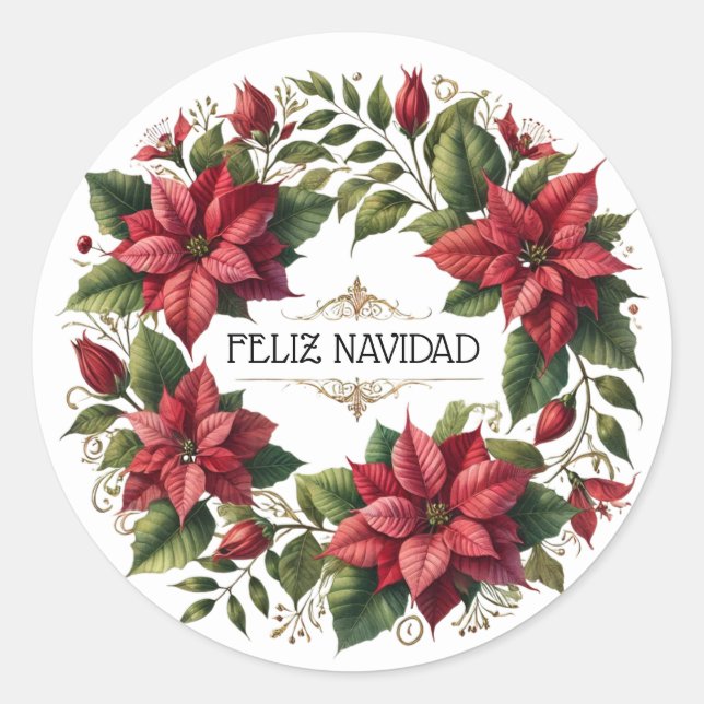 Adesivo Redondo Natal espanhol Red Poinsettia Feliz Navidad (Frente)