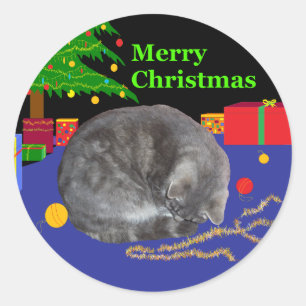 Adesivo Redondo Natal-etiqueta sonolento do gato