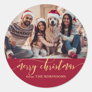 Adesivo Redondo Natal Família Vermelho e Dourado Foto Elegante